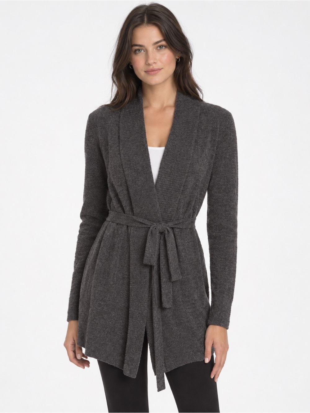 Barefoot Dreams Cozy Belted Charcoal Grey Long Sleeve Cardigan Sweater Comfy
